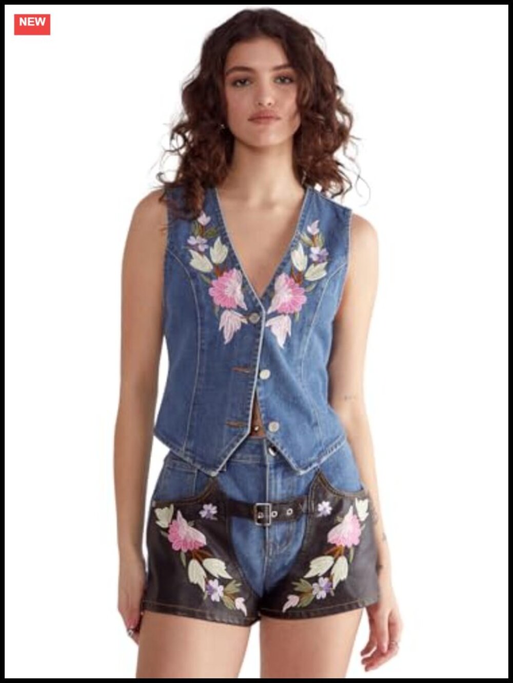 Denim Sleeveless Waistcoat, Button Up V-Neck Floral Embroidered Vest